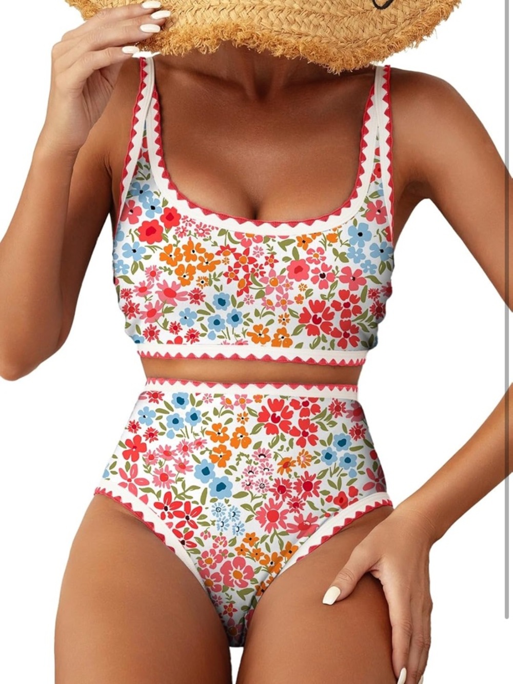 2 Piece Floral Bikini Whip Stitch  Swimsuit High Waisted Scoop Size S